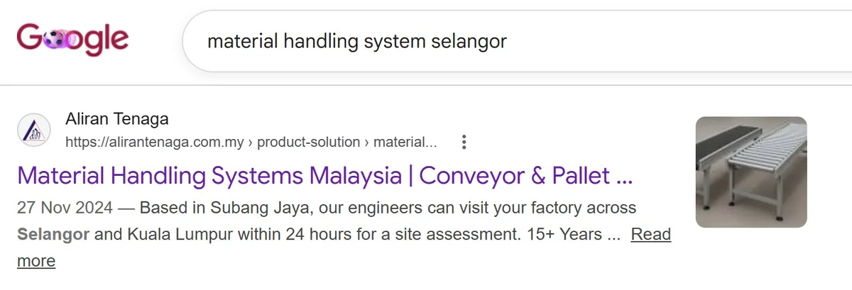 Industrial supplier ranking on Google page 1 for material handling and robotics