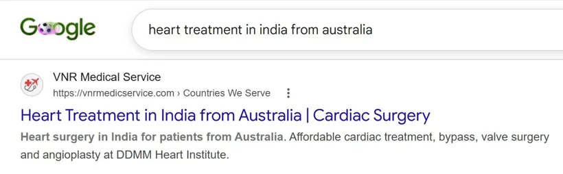 heart treatment in india from Australia - VNR Medical Service ranking on Google page 1