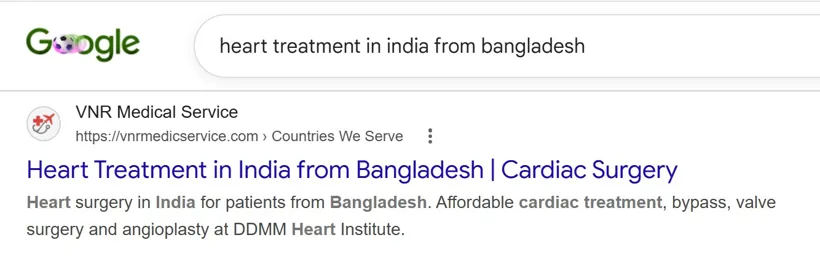 heart treatment in india from Bangladesh - VNR Medical Service ranking on Google page 1