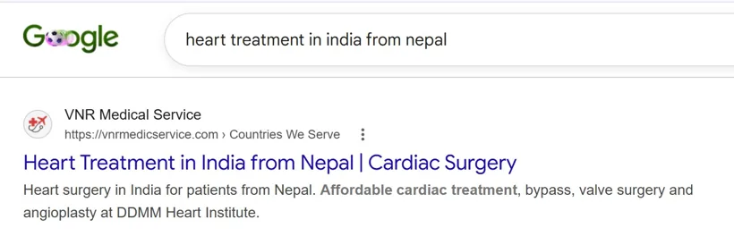 heart treatment in india from Nepal - VNR Medical Service ranking on Google page 1