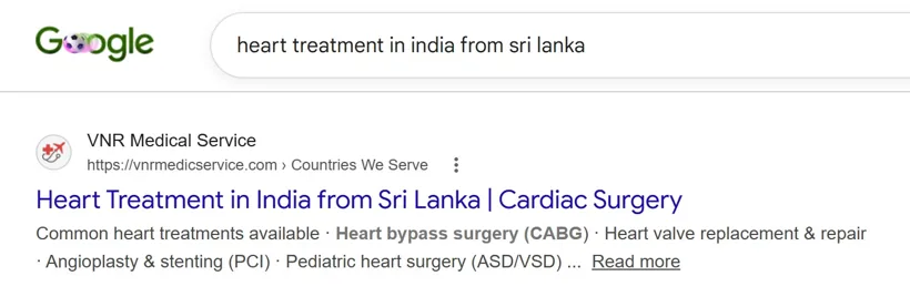 heart treatment in india from Sri Lanka - VNR Medical Service ranking on Google page 1