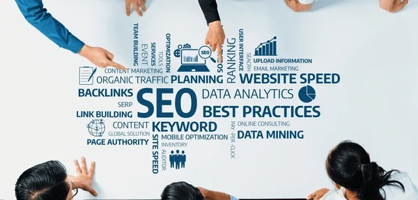 SEO strategy session covering keywords, backlinks, analytics and best practices